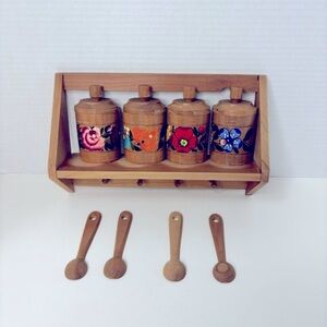 Vintage MCM Wood Spice Rack Jars Spoons Hand Painted Floral Set